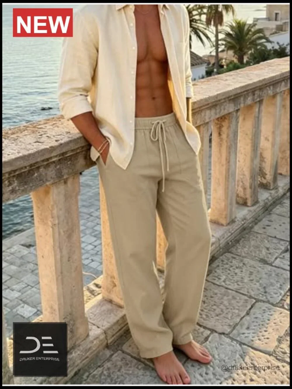 Cotton Linen Casual Pants Elastic Drawstring Waist Summer Beach